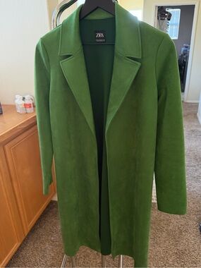 Zara Emerald Green Open-Front Long Trench Coat
